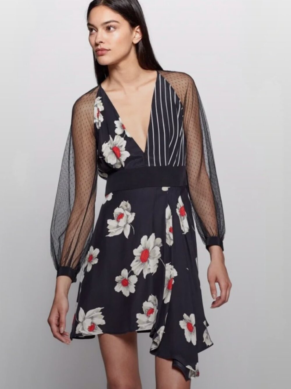 Equipment Alexandria Silk Floral  Mixed-Print Dress with Sheer Sleeve